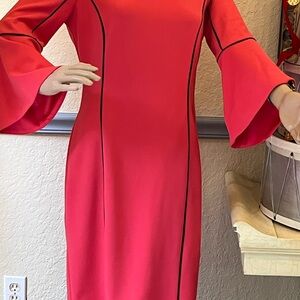 Calvin Klein Red Long Sleeve Dress with Black Accents